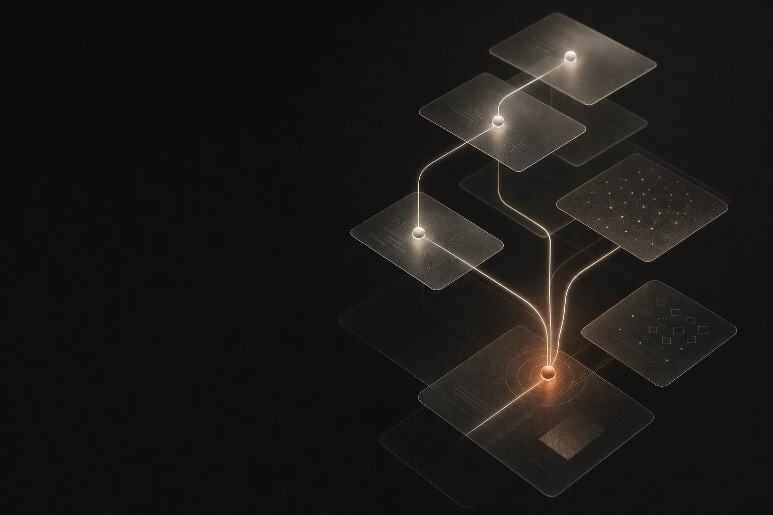 Abstract layered AI agent workflow converging on one human decision point
