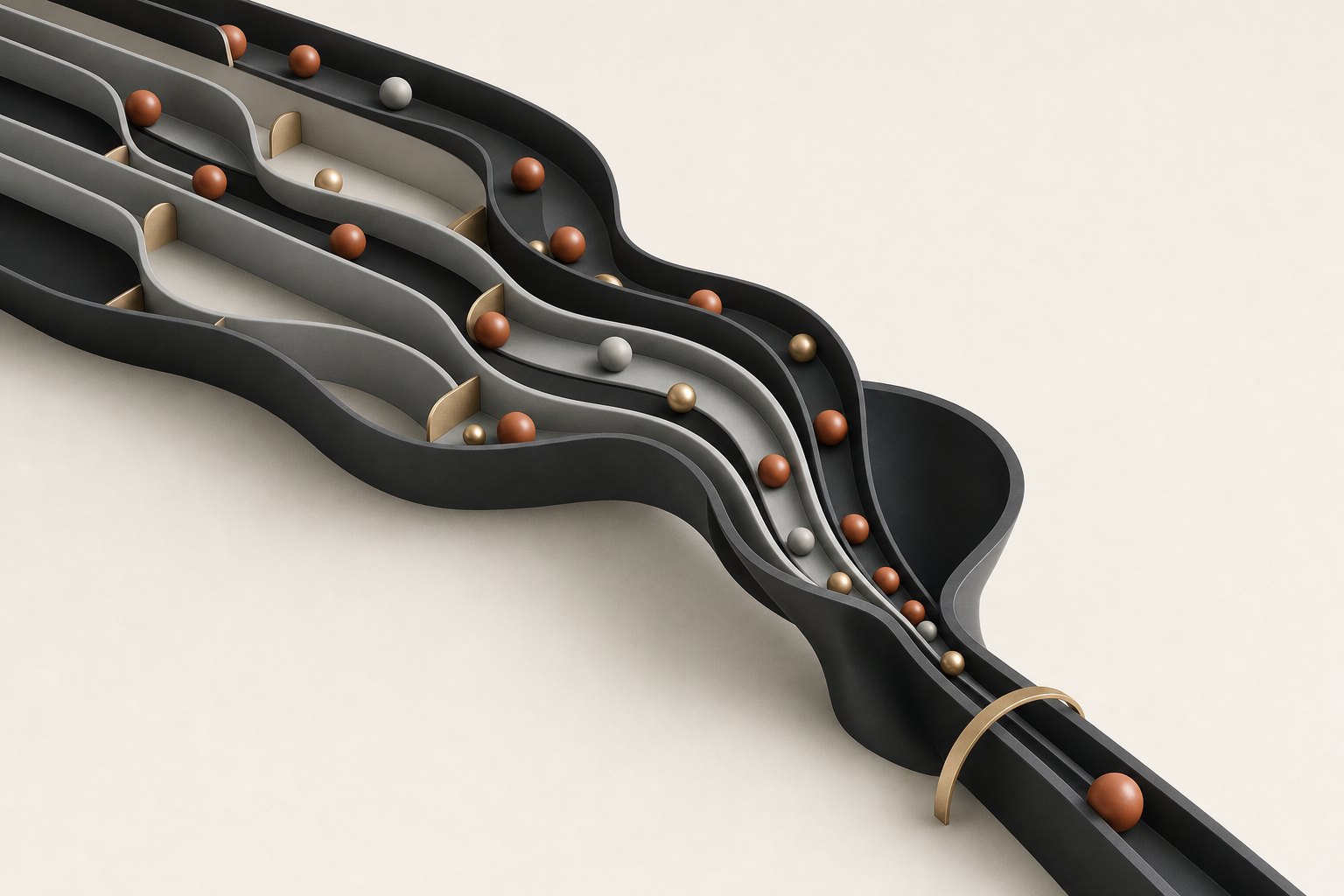 Sculptural sales pipeline with copper spheres moving through CRM stages