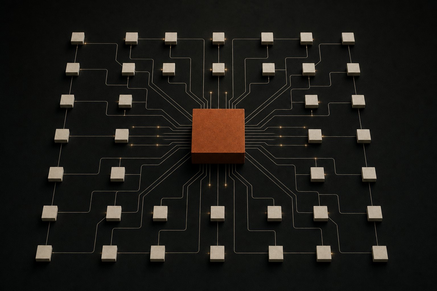 Copper core block connected to a grid of data nodes, a single source of truth